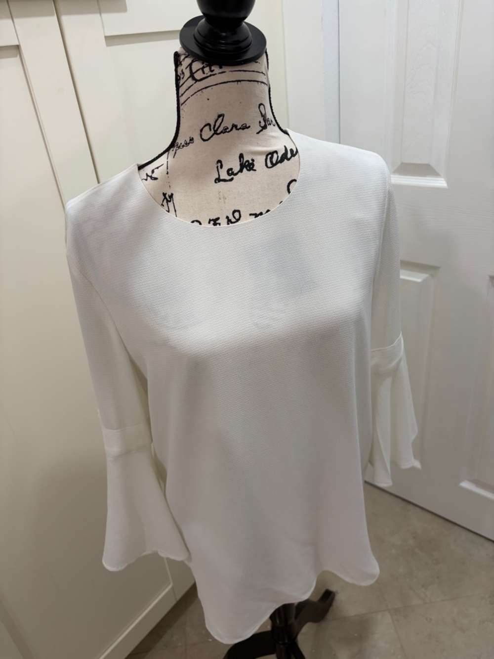 Calvin Klein White Bell-Sleeve Round-Neck Blouse